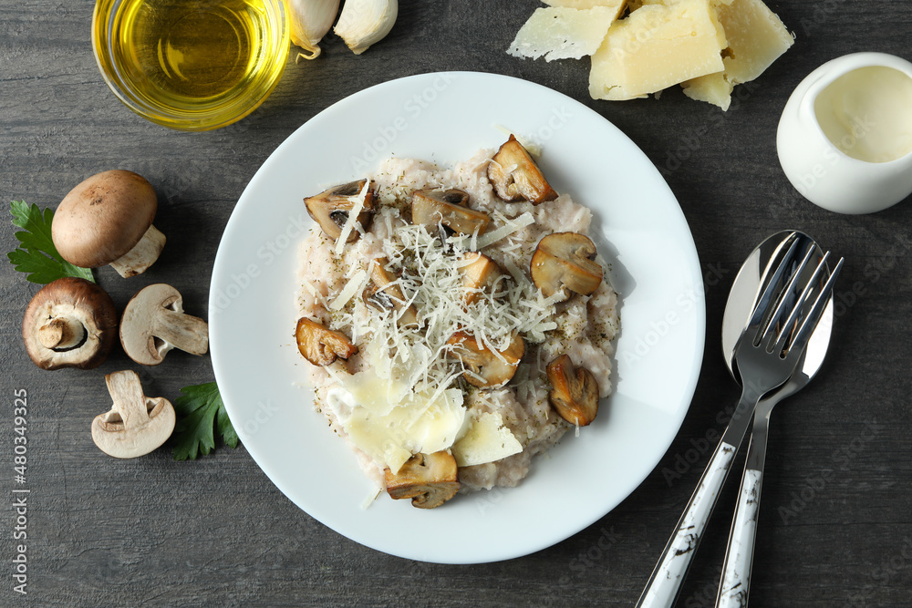Concept of tasty food with risotto with mushrooms, top view Concept of tasty food with risotto with mushrooms, top view