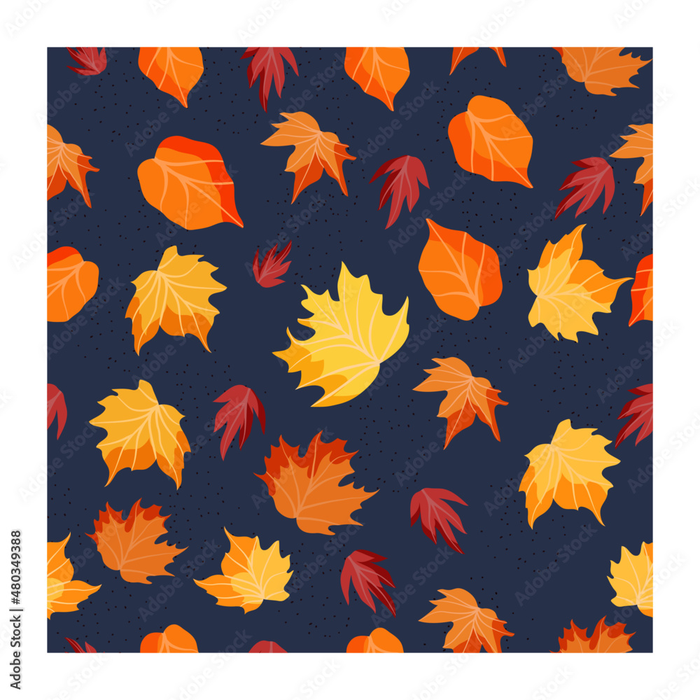 Bright and colorful seamless pattern with autumn leaves. Blue background and textures. Abstraction. Stock Vector Illustration. Plants.