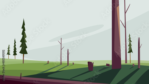 Scenery with felled trees. Dead nature landscape.