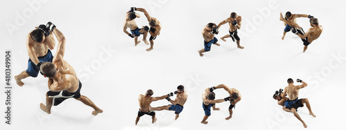 Development of movements in sport training. Set of images of two young sportive men, mma, thai boxers training isolated over white background.