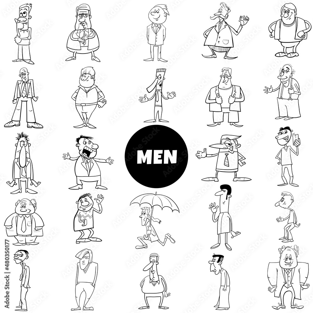 Black and white cartoon funny men characters big set