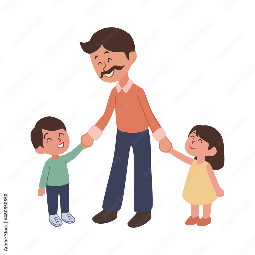 Father and his son and daughter flat vector illustration