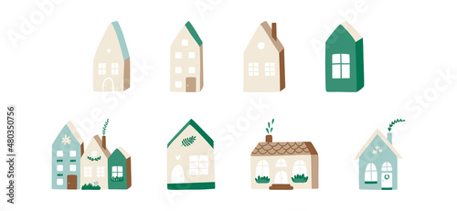 Set of different tiny houses. Houses with spring decorations. All elements are isolated on a white background. Vector illustration of buildings