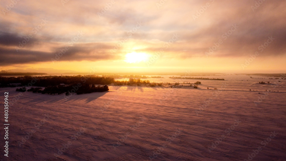Obraz premium Fields and forest in the snow early in the morning 2