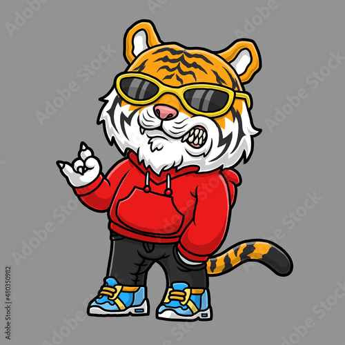 Cool tiger cartoon, Hand drawn.
