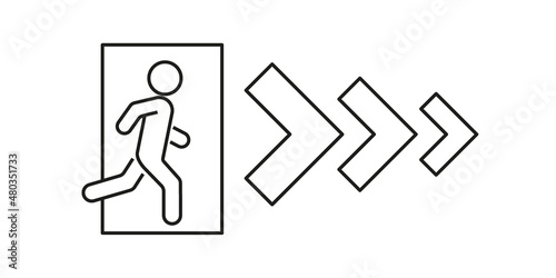 Emergency exit, escape sign with arrow, exit person out door for protection, line symbol. Man go out through door, warning sign. Vector illustration