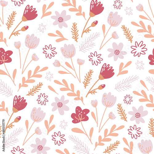 Endless seamless botanical ornament with flowers and leaves in an ochre color scheme