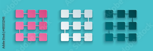 Paper cut NFT blockchain technology icon isolated on blue background. Non fungible token. Digital crypto art concept. Paper art style. Vector