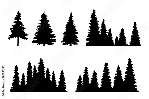 Vintage trees  forest silhouettes set. outline of a coniferous forest. Isolated. Vector illustration