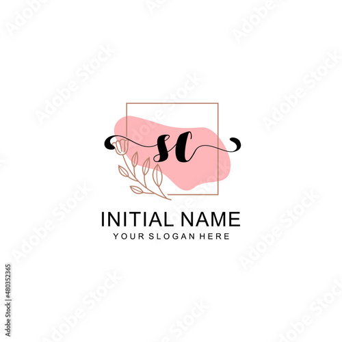 Initial SC beauty monogram, handwriting logo of initial signature, wedding, fashion, floral and botanical logo concept design.