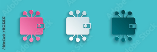 Paper cut Cryptocurrency wallet icon isolated on blue background. Wallet and bitcoin sign. Mining concept. Money, payment, cash, pay icon. Paper art style. Vector