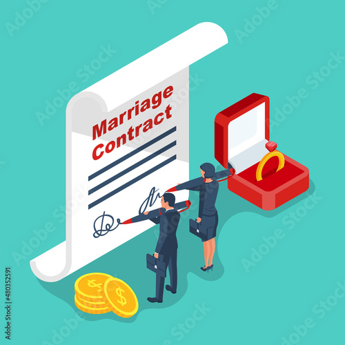 Marriage contract. A man and a woman sign a contract. Agreement on marital relations. Money and wedding ring. Vector illustration isometric design. Isolated on white background.