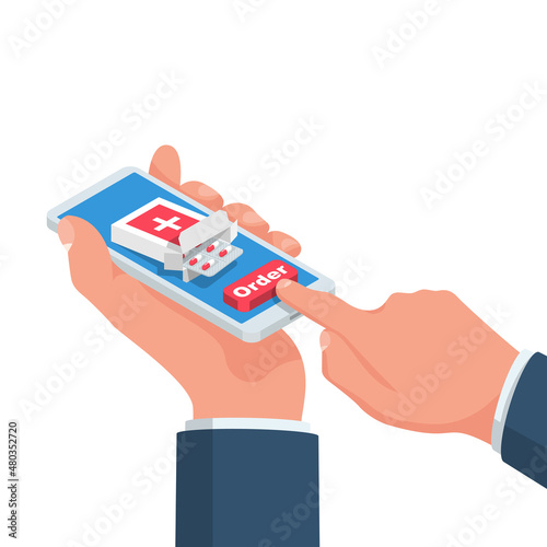 Order pills online. Man with a smartphone makes the order of medicines. Vector illustration isometric design. Isolated on white background.