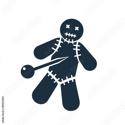 Voodoo doll black icon. Heedle in heart, prick it into toy. Read spell. Mysticism and witchcraft. Vector illustration flat design. Isolated on white background.