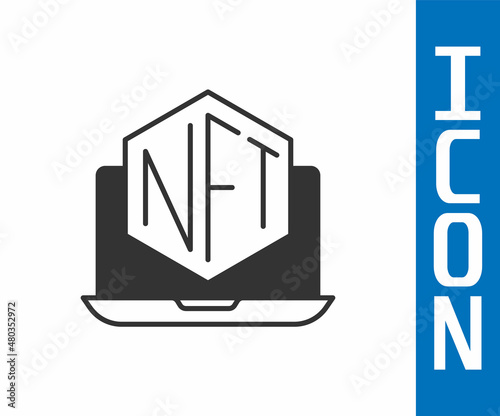 Grey Laptop with art store app icon isolated on white background. Technology of selling NFT tokens for cryptocurrency. Non fungible token concept. Vector