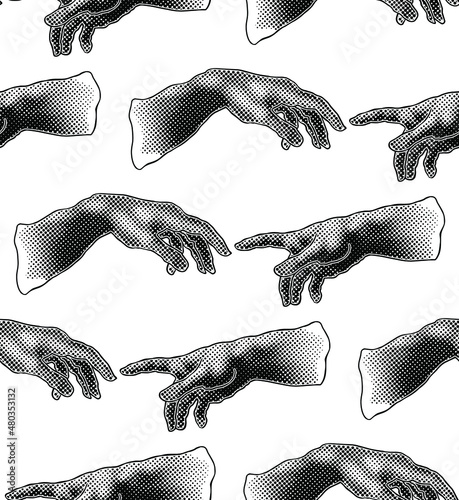 Vector seamless pattern of hands reaching in black and white dot halftone pop art style on a white background.