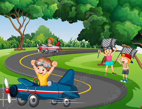 Outdoor scene with children racing car