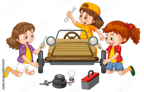 Children repairing a car together