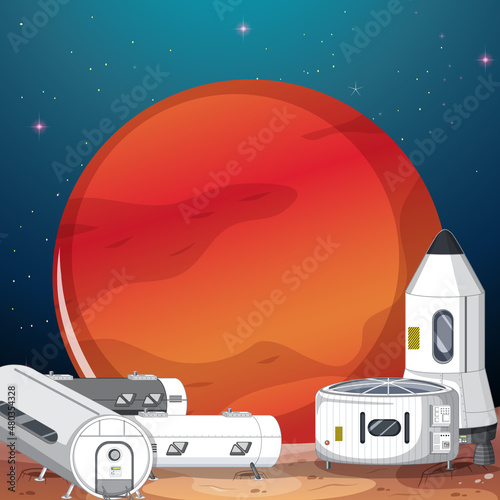 Landscape of space settlement with Mars planet