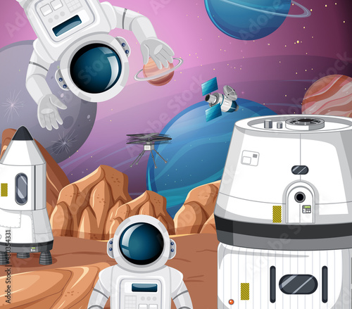 Landscape of planet surface with colony buildings