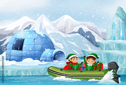 Snowy day with cute elves delivering gifts by boat
