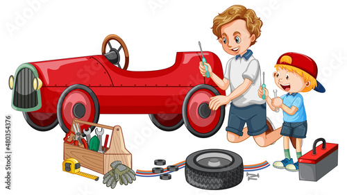 Dad and son repairing a car together