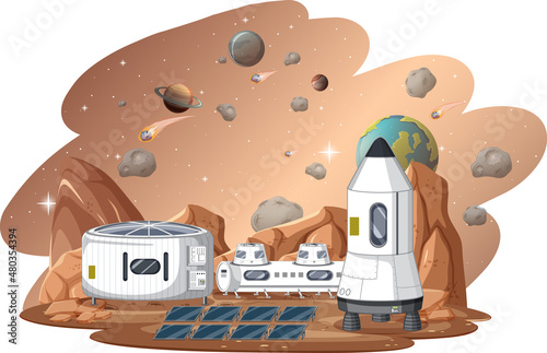 Space station on planet with spaceship