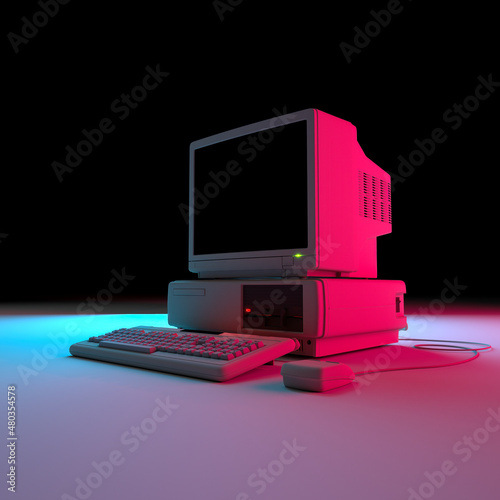 Vintage Desktop PC with Blank Screen in Neon Light. 3D Rendering.