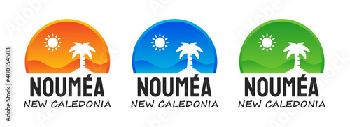 Nouméa city in New Caledonia text on round island design symbol of tourist destination.