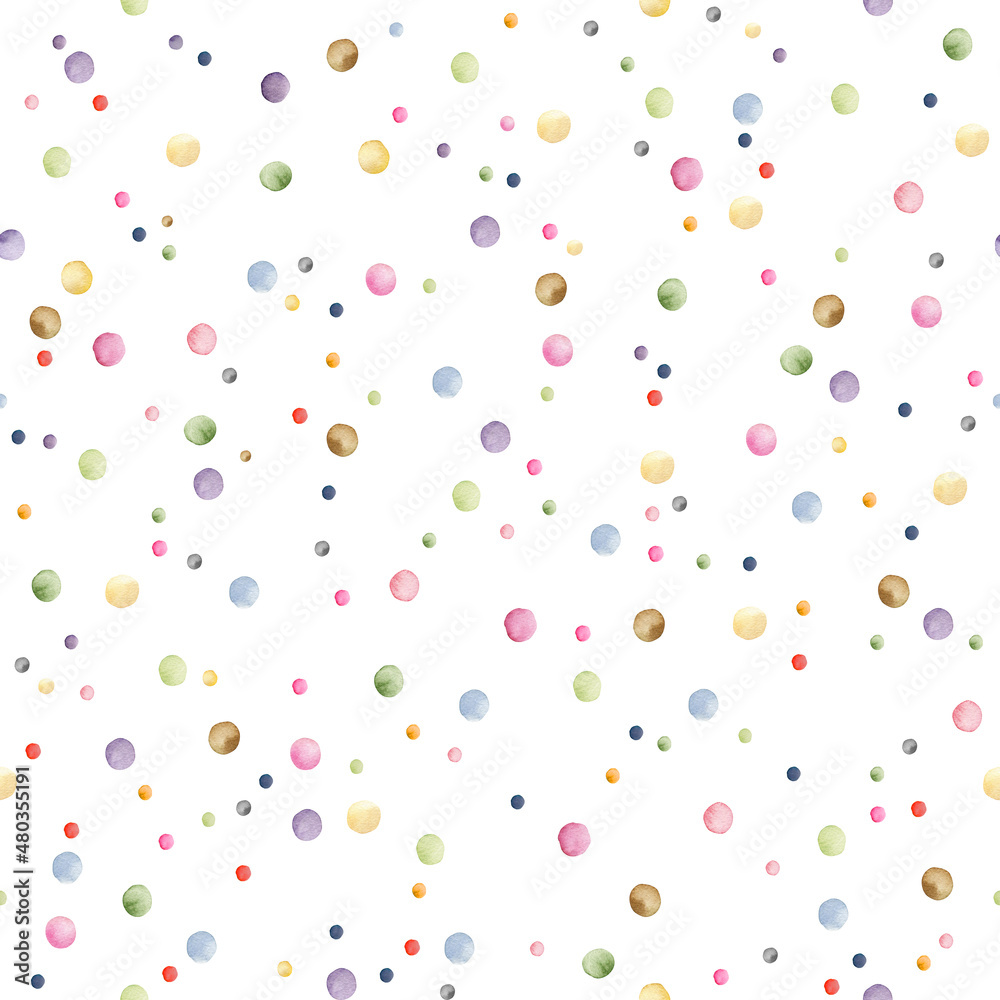 Watercolor seamless pattern polka dot pastel color. Hand drawn illustration isolated on white background. Perfect for wrapping paper, wallpaper, fabric or nursery textile