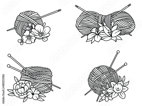 Set of floral yarn thread with knitting needles. Collection of yarn ball with flowers. Knitting with wool. Vector illustration of threads on a white background.