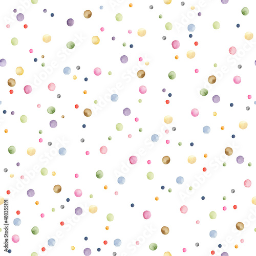 Watercolor seamless pattern polka dot pastel color. Hand drawn illustration isolated on white background. Perfect for wrapping paper, wallpaper, fabric or nursery textile