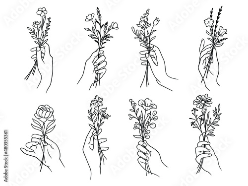 Set of hand holding bouquets. Collection of female hands with a flower arrangement. Wedding bouquets. Design for clothes. Vector illustration isolated on white background.