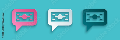Paper cut Stacks paper money cash icon isolated on blue background. Money banknotes stacks. Bill currency. Paper art style. Vector
