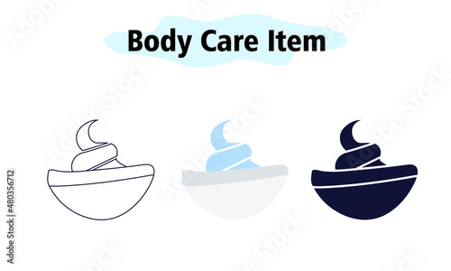 Glass cup with face cream or shaving foam. Body care. Vector illustration in color, solid and linear design on a white background.