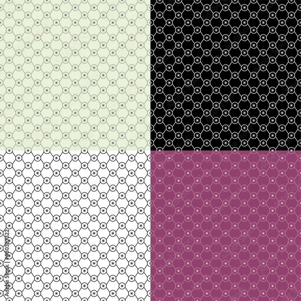 Set of geometric SEAMLESS patterns with grid and flowers. Ornates for decoration and printing on fabric. Design element. Vector
