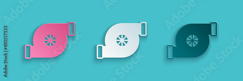 Paper cut Automotive turbocharger icon isolated on blue background. Vehicle performance turbo. Turbo compressor induction. Paper art style. Vector
