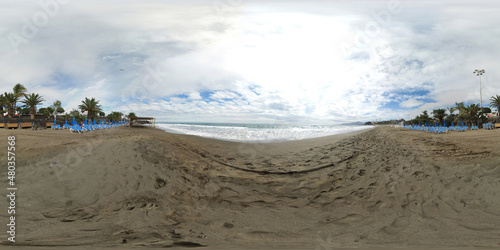 360 degree sphere panoramic photo taken in the beautiful Lanzarote in Spain one of the Canary islands showing the beach front and ocean on a sunny summers day © Duncan