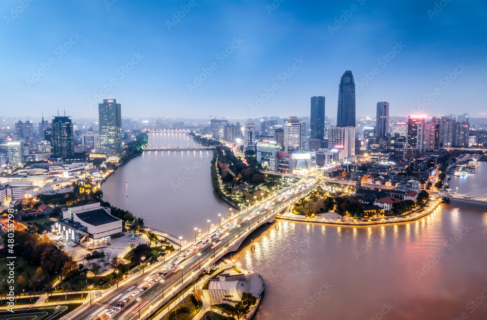 Obraz premium Aerial photography China Ningbo modern city landscape night view