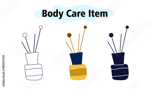 Incense sticks in a glass bottle. Aromatherapy and relaxation. The fragrance of the house. Vector illustration in color, solid and linear design.