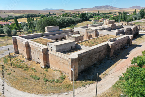 Agzikara Han Caravanserai Anatolian Seljuk period, was built between the years 1231-1239. Caravanserai was built by Hoca Mesut. The entrance part of the caravanserai. Aksaray, Turkey. photo