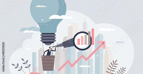 Business forecasting with startup idea future profit results prediction tiny person concept. Performance strategy and calculation for company growth plan vector illustration. Aim for income success.