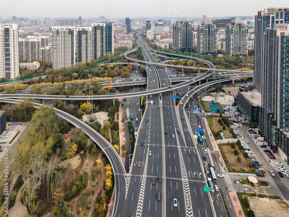 Aerial view of a complex overpass in a modern Chinese city.
