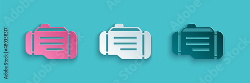 Paper cut Check engine icon isolated on blue background. Paper art style. Vector