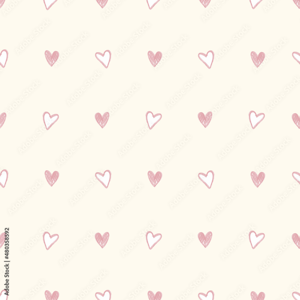 seamless sweet pink hand draw heart from chalk paint colour pattern background , kids pattern