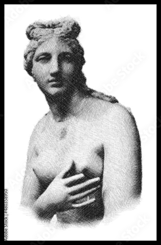 Pencil sketch drawing of the Statue of Aphrodite. Parian Marble. Poster, Wall Decoration, Postcard, Social Media Banner, Brochure Cover Design Background. Vector Pattern.