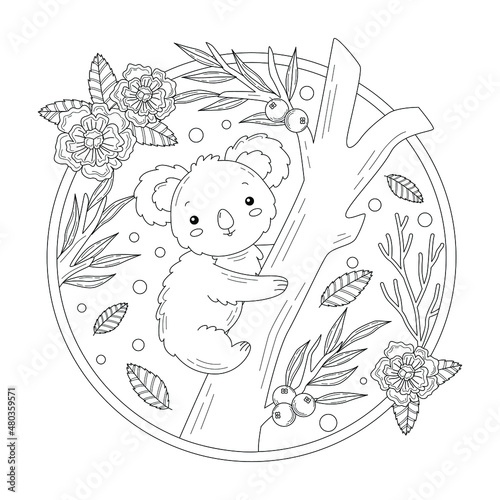 koala climbing the tree doodle or line drawing illustration