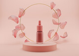 Pink glass bottle of cosmetic liquid, gel standing on pink podium, with golden ring and flowers petals flying in the air. Dropper bottle, hyaluronic acid, oil, serum, skin care product. 3D rendering.