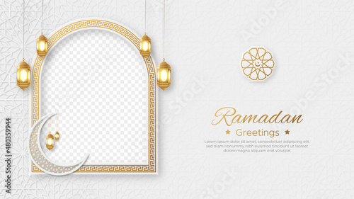 Ramadan Kareem Islamic social media post with empty space for photo and lantern ornament pattern background