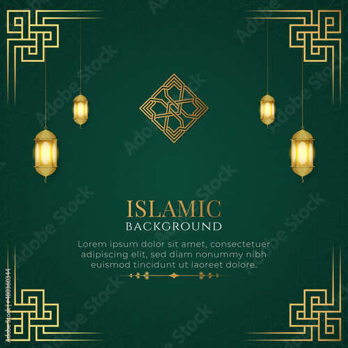 Arabic Islamic Elegant Green and Golden Luxury Ornamental Background with Islamic Pattern	and Lanterns